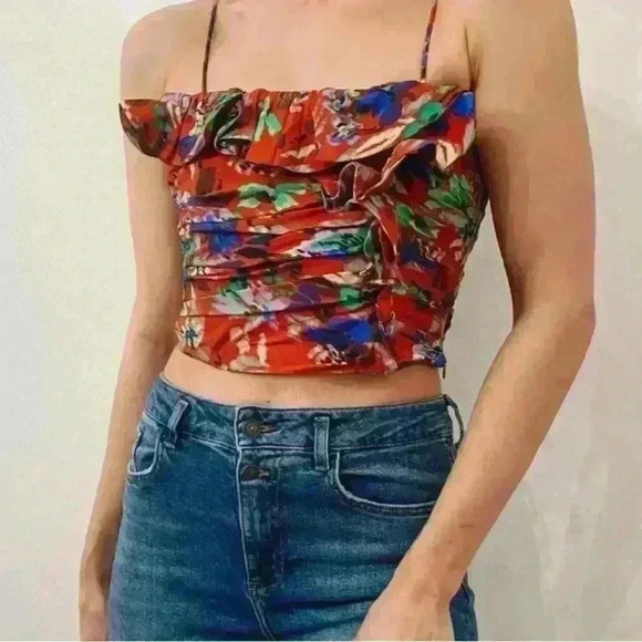 ZARA Red Floral Ruffle Crop Top Blouse XS - Picture 1 of 7